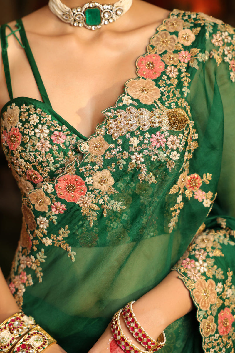 Ahista Green Mayur Applique Cutwork Saree Set organza & chiniya silk saree by Niti Bothra in green for women in Singapore