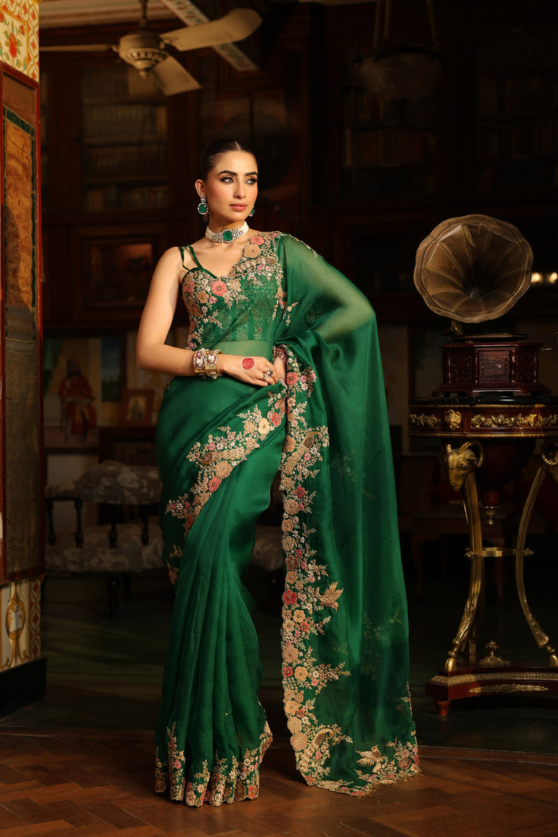Ahista Green Mayur Applique Cutwork Saree Set organza & chiniya silk saree by Niti Bothra in green for women in Singapore