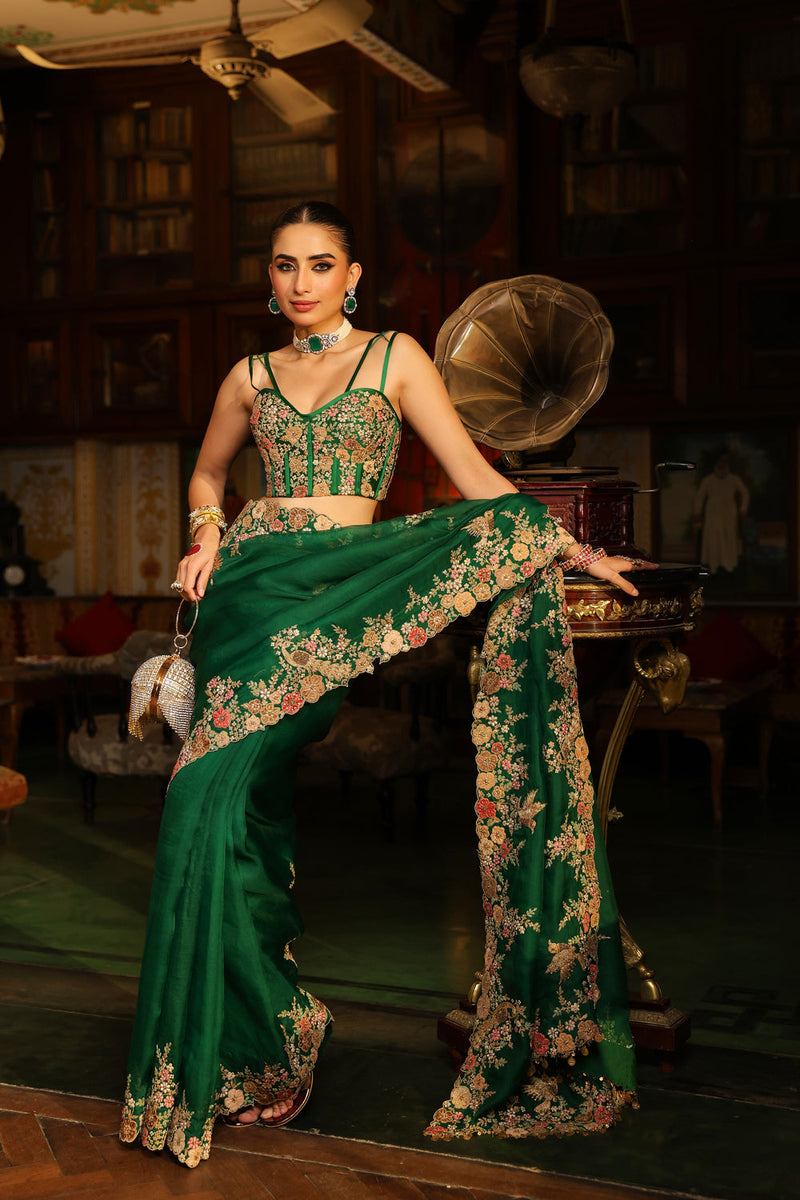 Ahista Green Mayur Applique Cutwork Saree Set organza & chiniya silk saree by Niti Bothra in green for women in Singapore