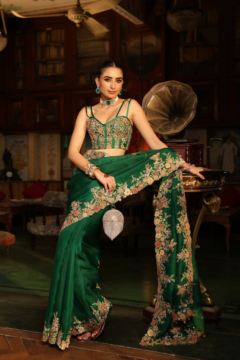 Ahista Green Mayur Applique Cutwork Saree Set organza & chiniya silk saree by Niti Bothra in green for women in Singapore