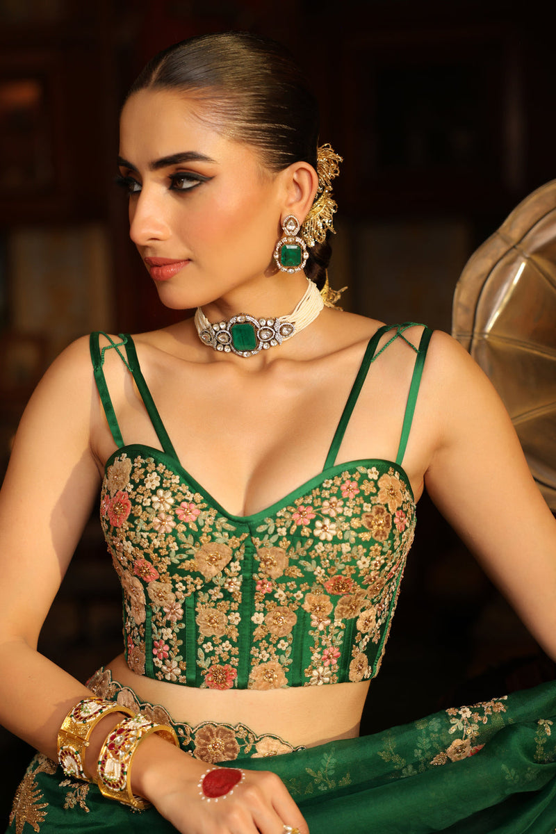 Ahista Green Mayur Applique Cutwork Saree Set organza & chiniya silk saree by Niti Bothra in green for women in Singapore