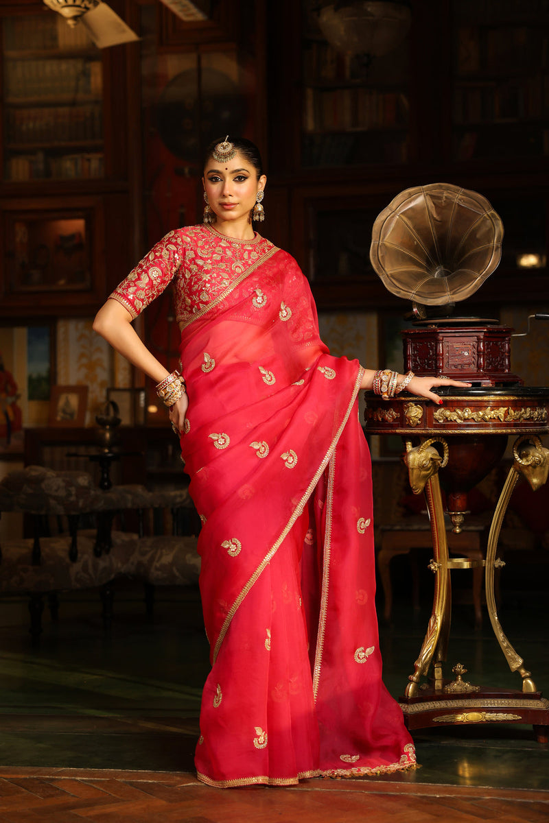 Ahista Dark Pink Gota Patti Saree Set organza & chiniya silk saree by Niti Bothra in dark pink for women in Singapore