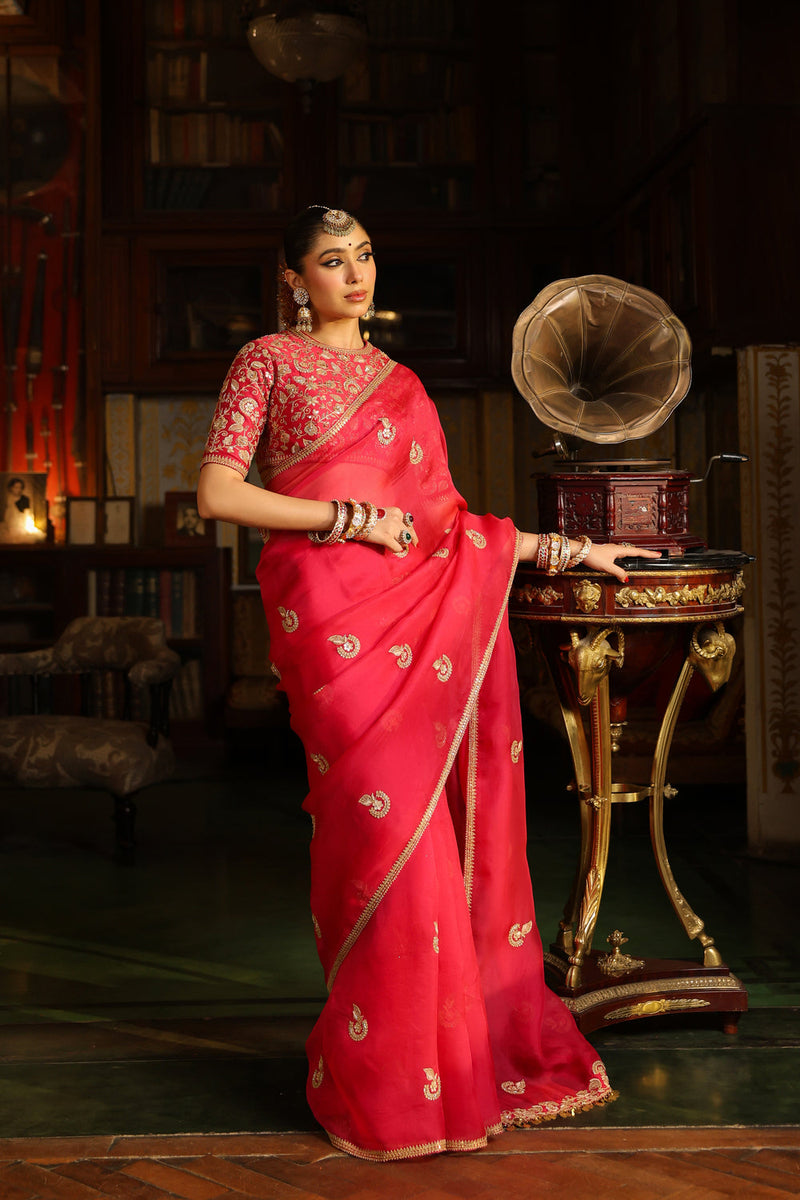 Ahista Dark Pink Gota Patti Saree Set organza & chiniya silk saree by Niti Bothra in dark pink for women in Singapore