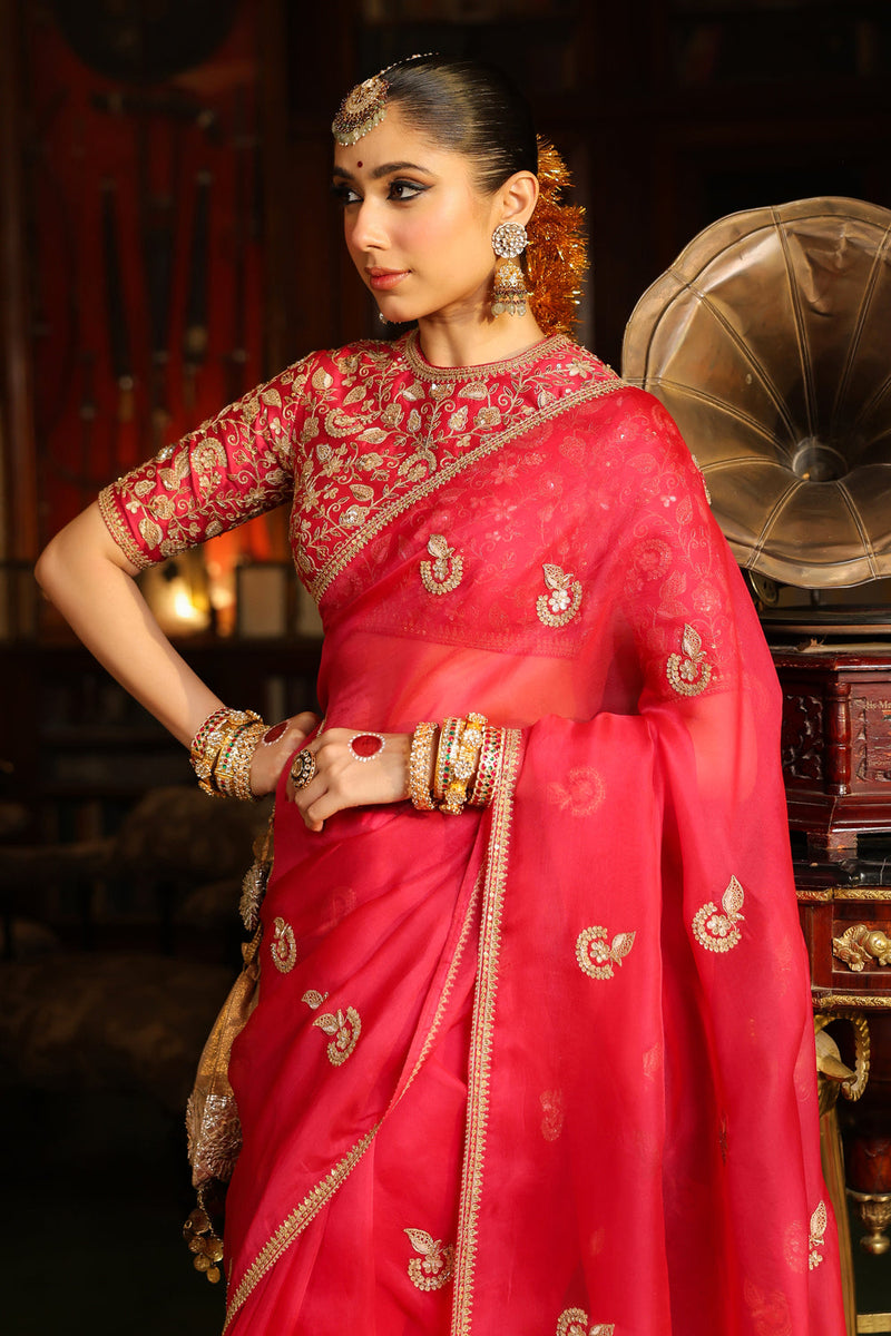 Ahista Dark Pink Gota Patti Saree Set organza & chiniya silk saree by Niti Bothra in dark pink for women in Singapore