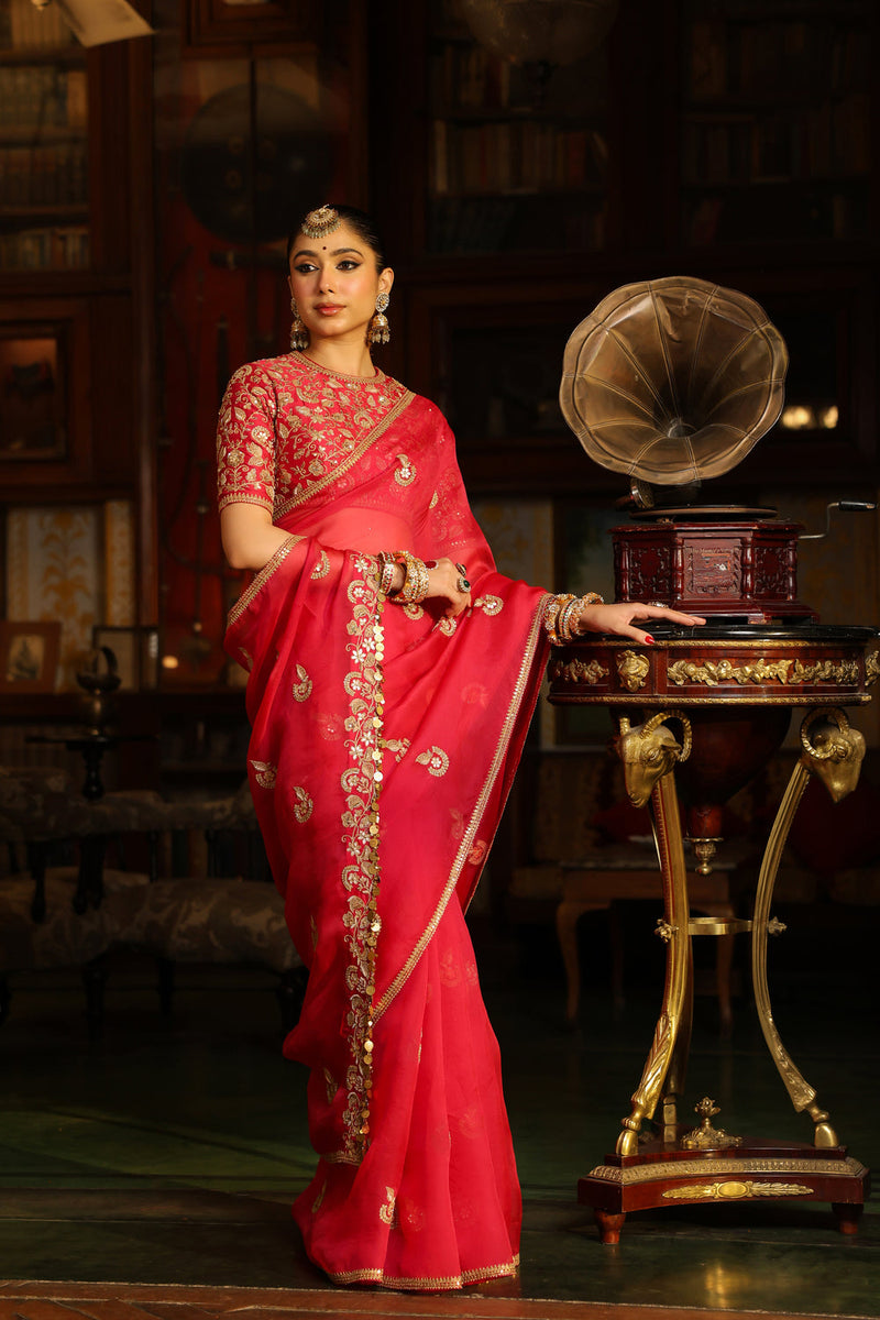 Ahista Dark Pink Gota Patti Saree Set organza & chiniya silk saree by Niti Bothra in dark pink for women in Singapore