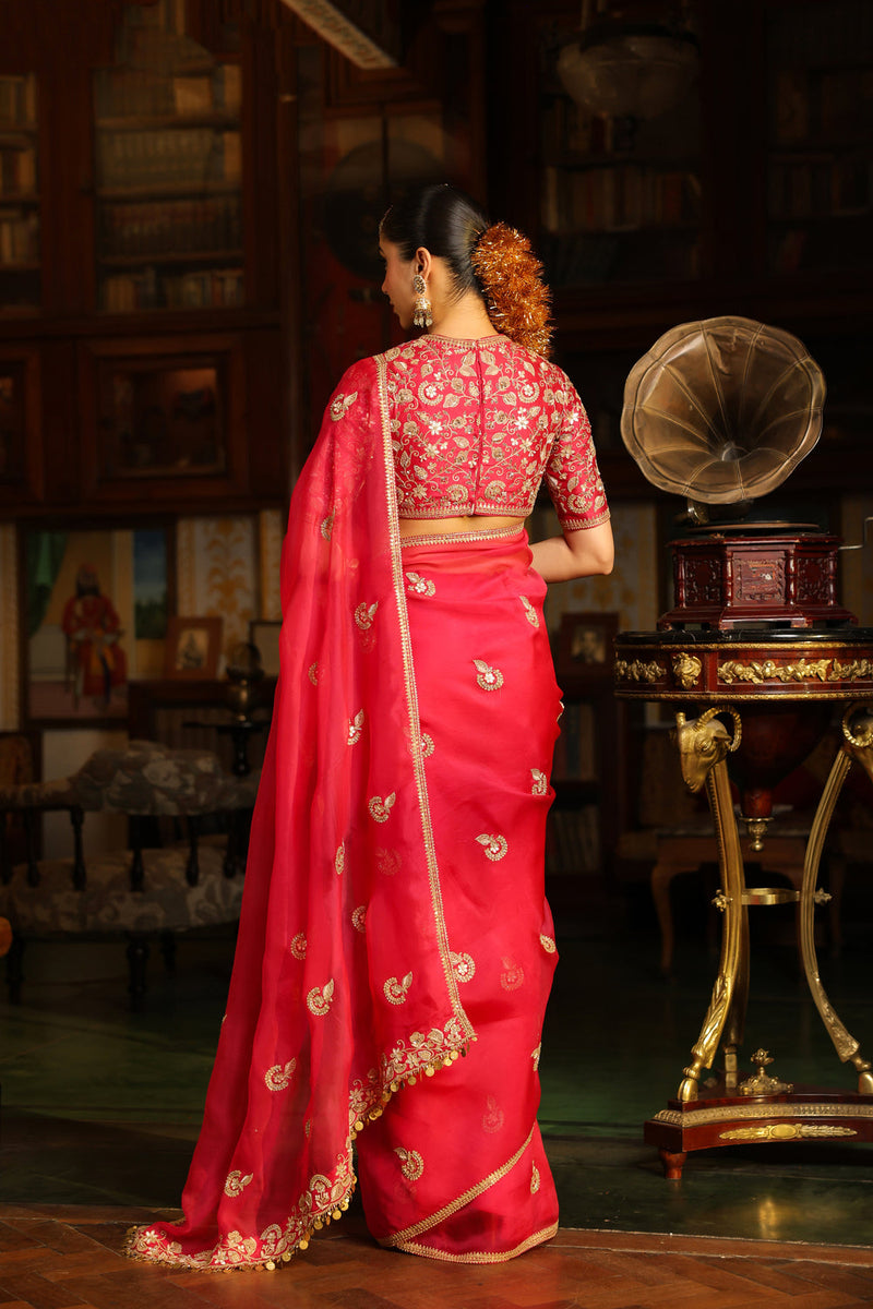 Ahista Dark Pink Gota Patti Saree Set organza & chiniya silk saree by Niti Bothra in dark pink for women in Singapore