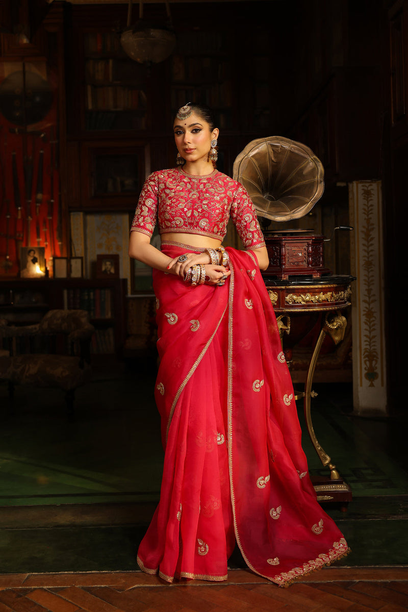 Ahista Dark Pink Gota Patti Saree Set organza & chiniya silk saree by Niti Bothra in dark pink for women in Singapore