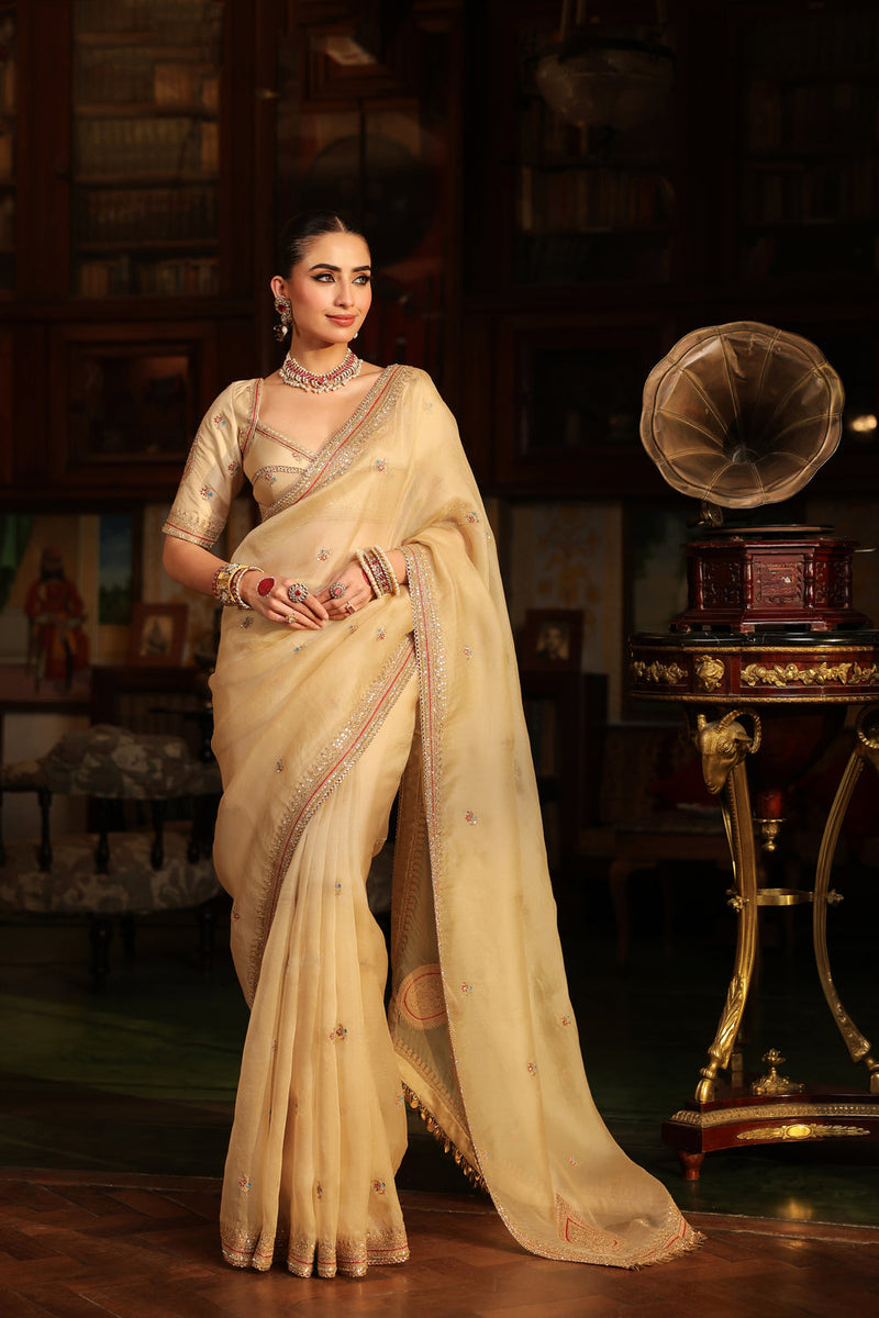 Ahista Ivory Patti Buta Saree Set organza & chiniya silk saree by Niti Bothra in ivory for women in Singapore