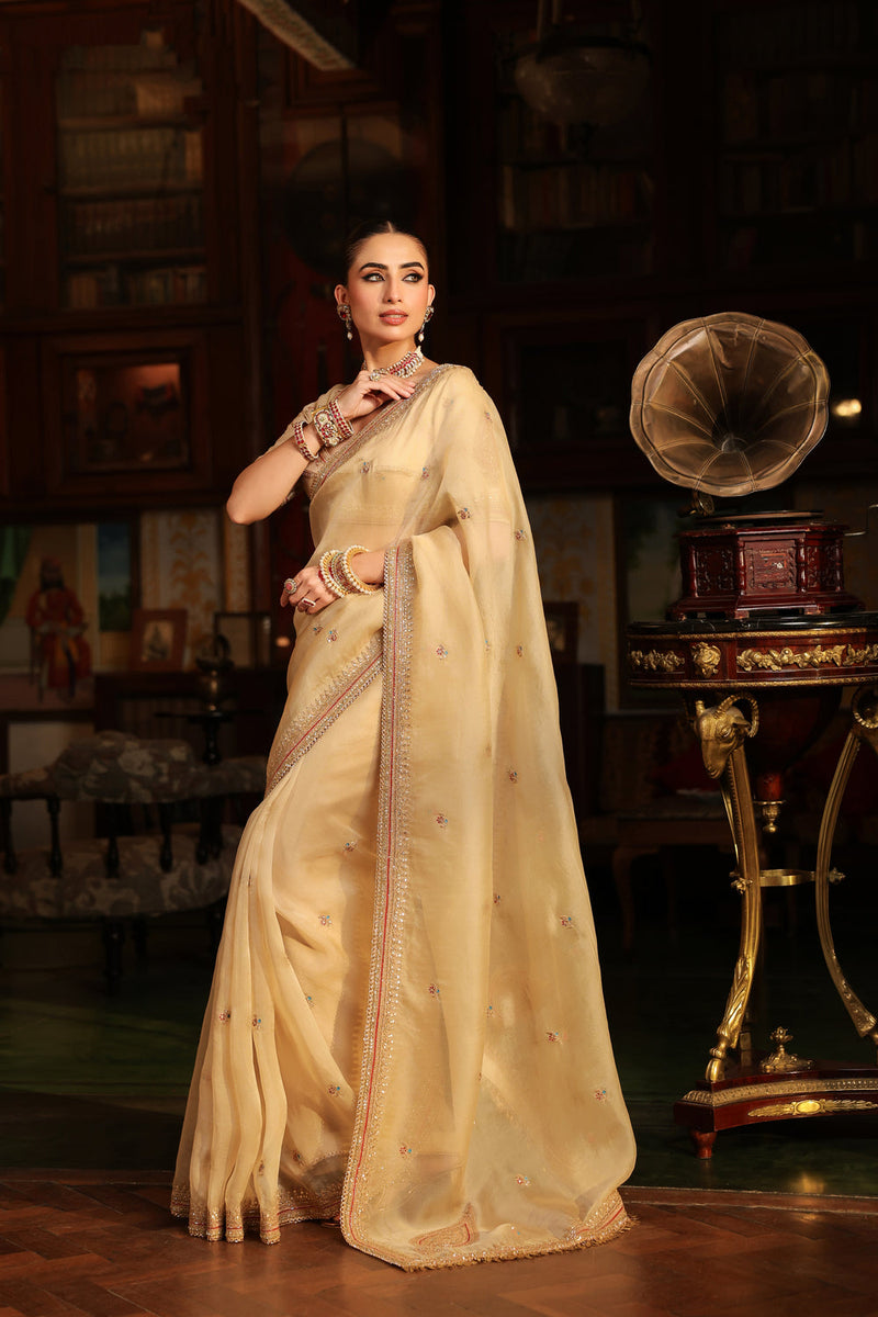 Ahista Ivory Patti Buta Saree Set organza & chiniya silk saree by Niti Bothra in ivory for women in Singapore