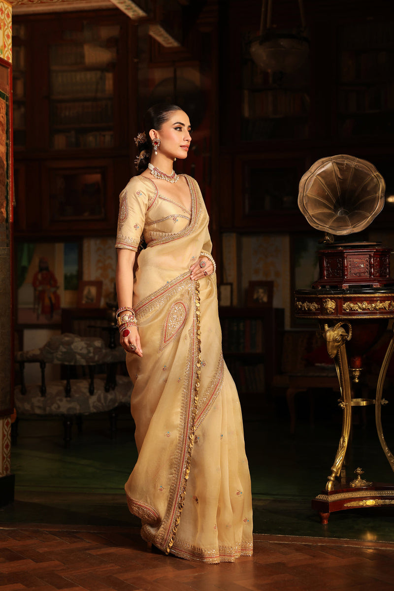 Ahista Ivory Patti Buta Saree Set organza & chiniya silk saree by Niti Bothra in ivory for women in Singapore