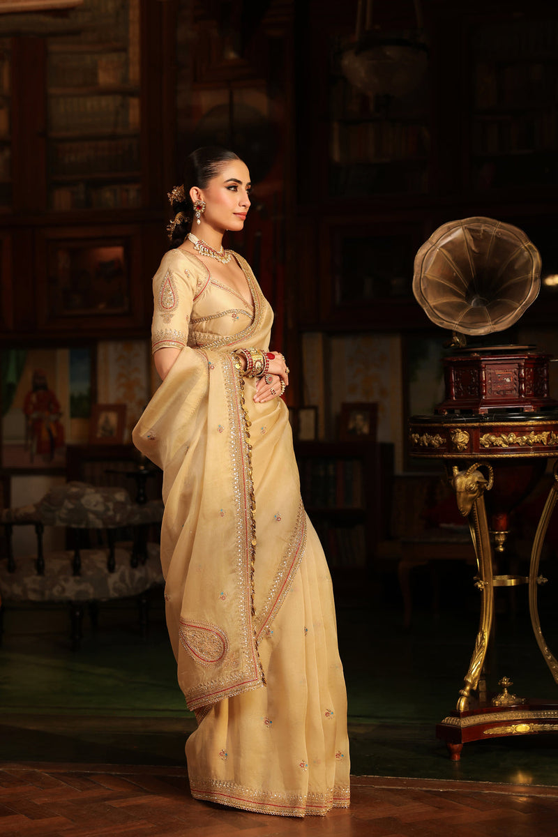 Ahista Ivory Patti Buta Saree Set organza & chiniya silk saree by Niti Bothra in ivory for women in Singapore