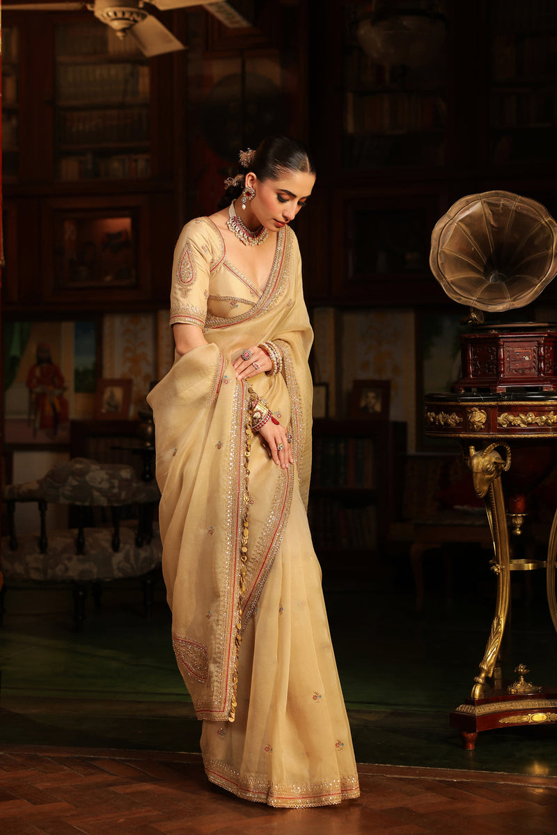 Ahista Ivory Patti Buta Saree Set organza & chiniya silk saree by Niti Bothra in ivory for women in Singapore