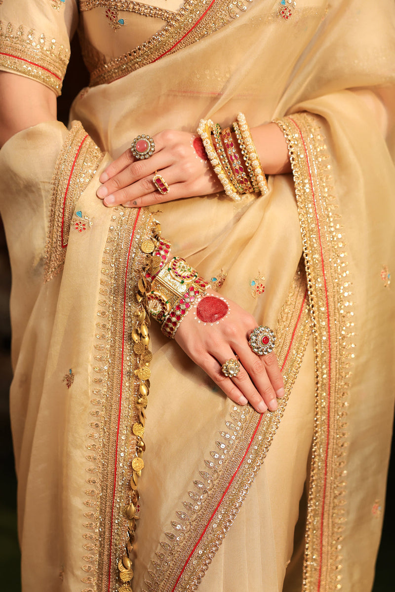 Ahista Ivory Patti Buta Saree Set organza & chiniya silk saree by Niti Bothra in ivory for women in Singapore