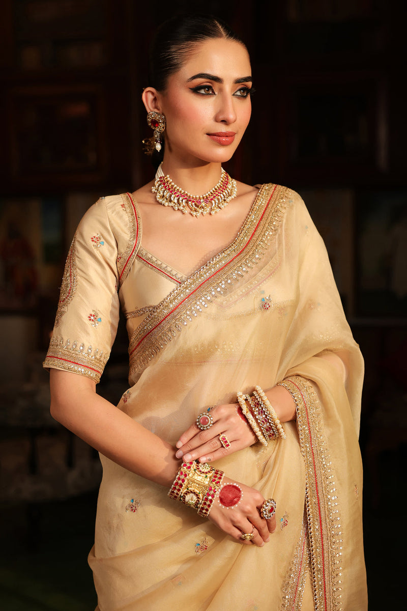 Ahista Ivory Patti Buta Saree Set organza & chiniya silk saree by Niti Bothra in ivory for women in Singapore
