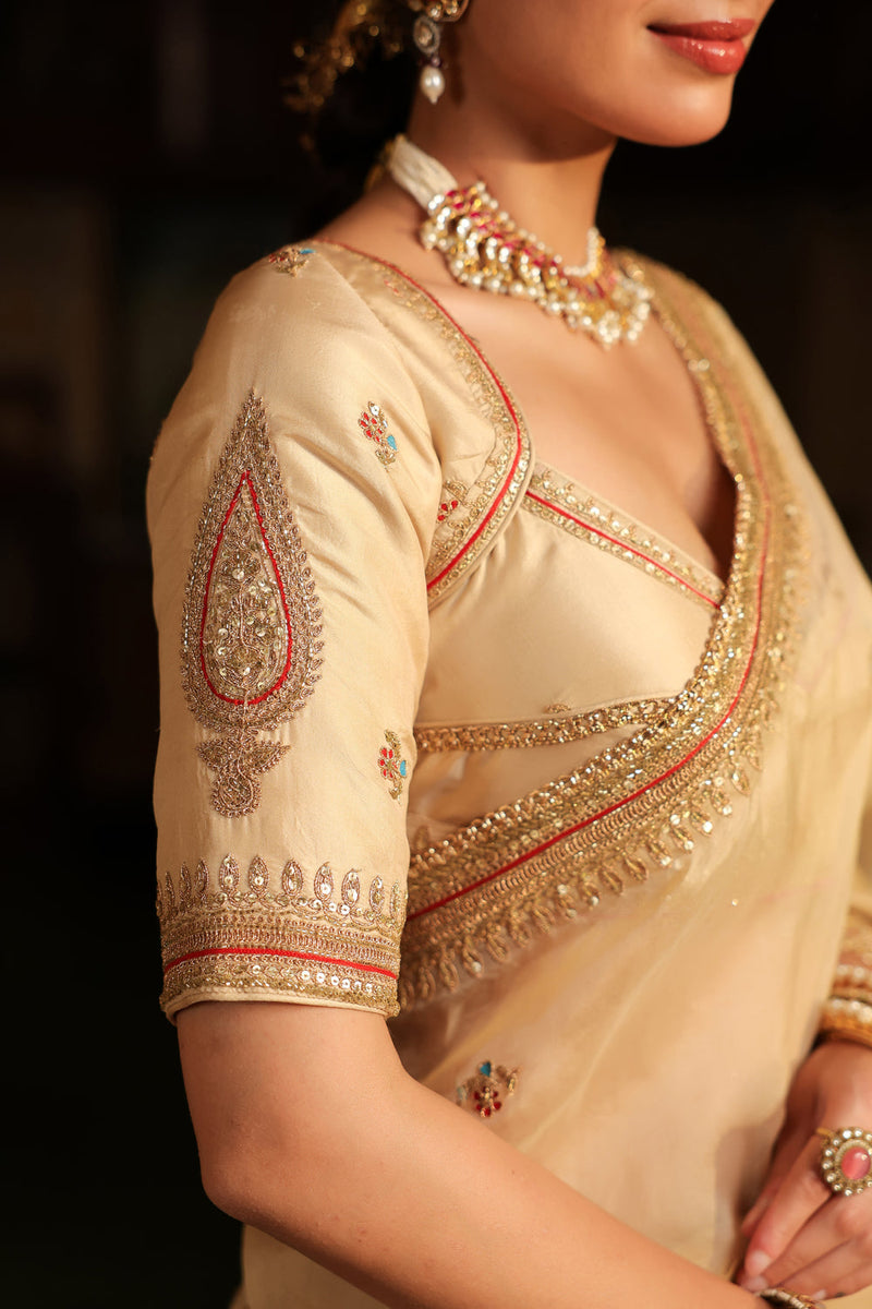 Ahista Ivory Patti Buta Saree Set organza & chiniya silk saree by Niti Bothra in ivory for women in Singapore