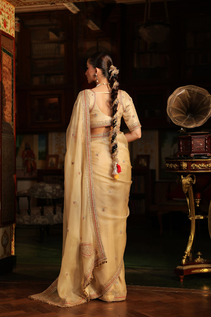 Ahista Ivory Patti Buta Saree Set organza & chiniya silk saree by Niti Bothra in ivory for women in Singapore