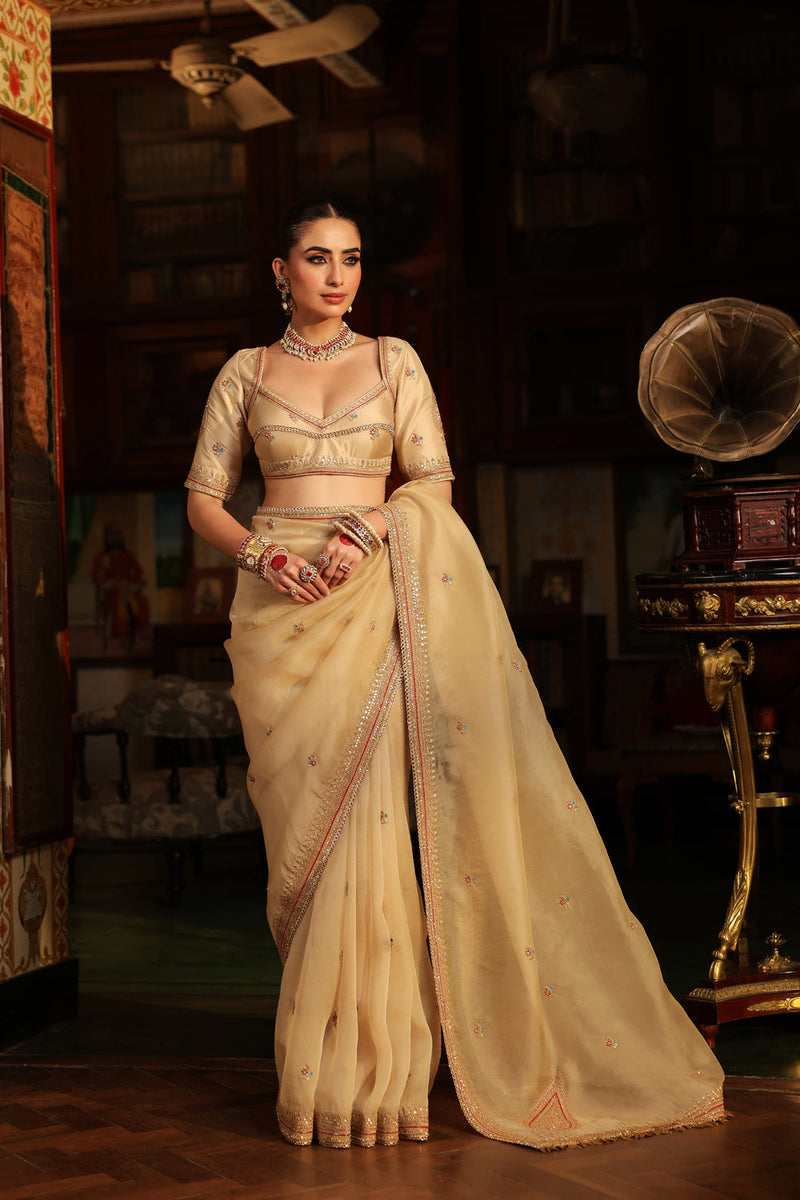 Ahista Ivory Patti Buta Saree Set organza & chiniya silk saree by Niti Bothra in ivory for women in Singapore