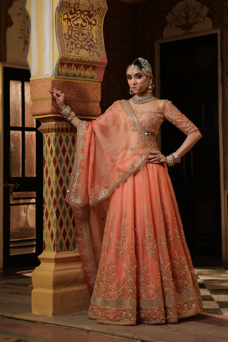 Ahista Peach Zardosi Lehenga Set organza kurta/kurta set by Niti Bothra in peach for women in Singapore