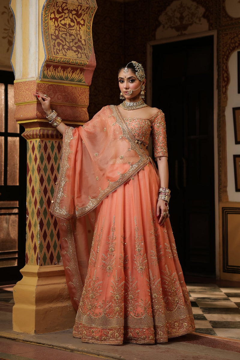 Ahista Peach Zardosi Lehenga Set organza kurta/kurta set by Niti Bothra in peach for women in Singapore