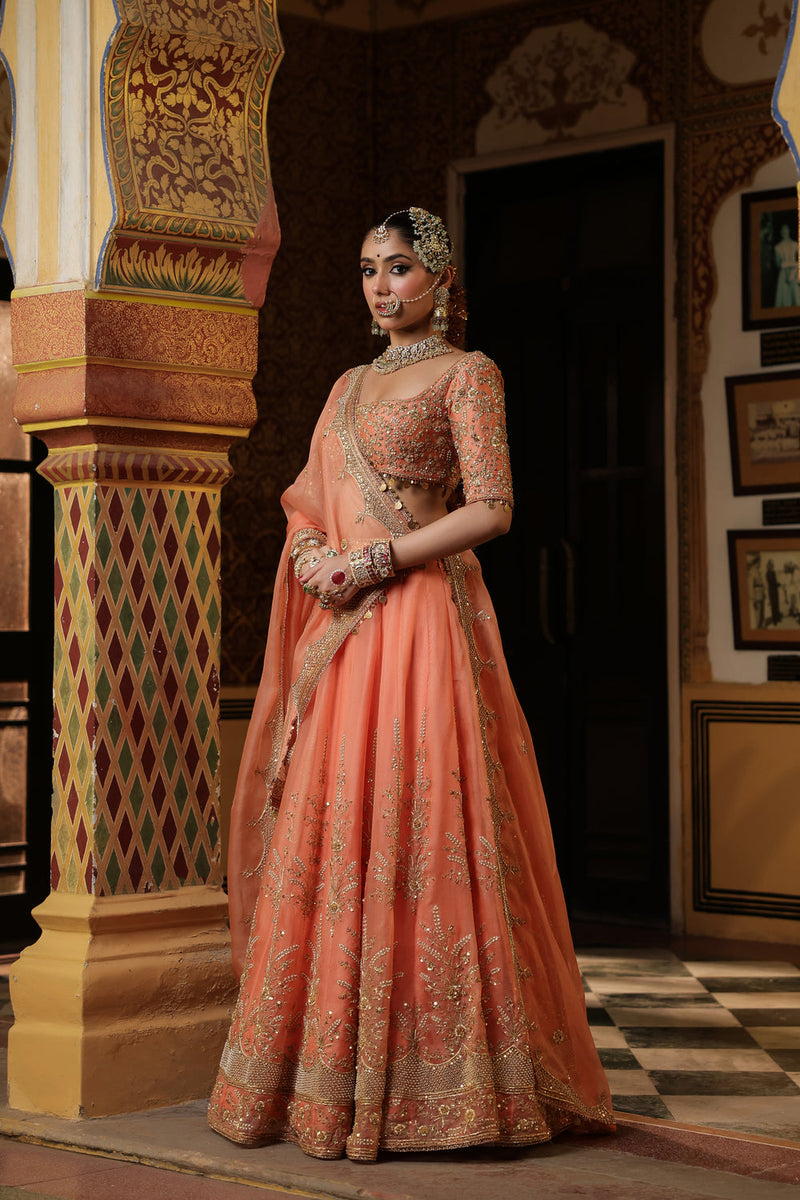 Ahista Peach Zardosi Lehenga Set organza kurta/kurta set by Niti Bothra in peach for women in Singapore