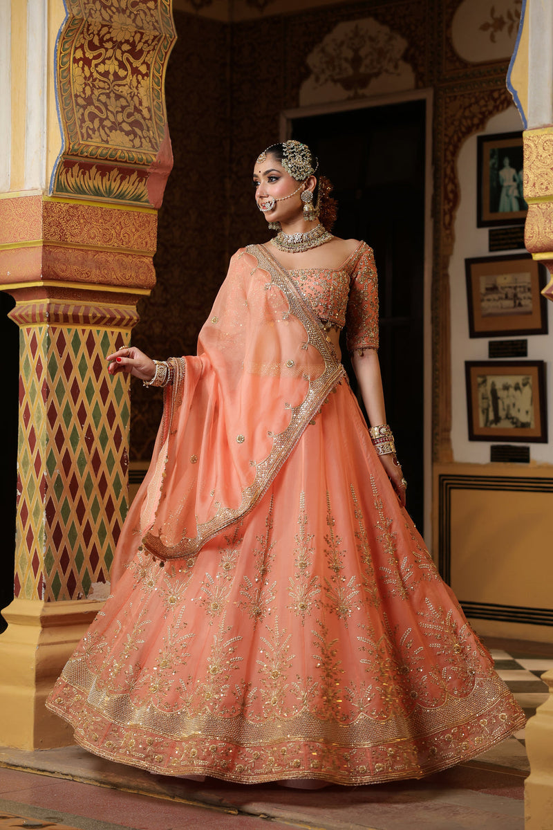 Ahista Peach Zardosi Lehenga Set organza kurta/kurta set by Niti Bothra in peach for women in Singapore