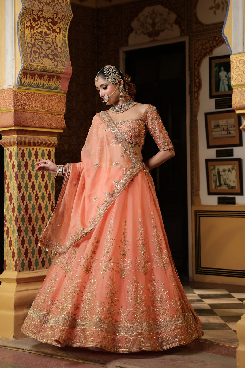 Ahista Peach Zardosi Lehenga Set organza kurta/kurta set by Niti Bothra in peach for women in Singapore