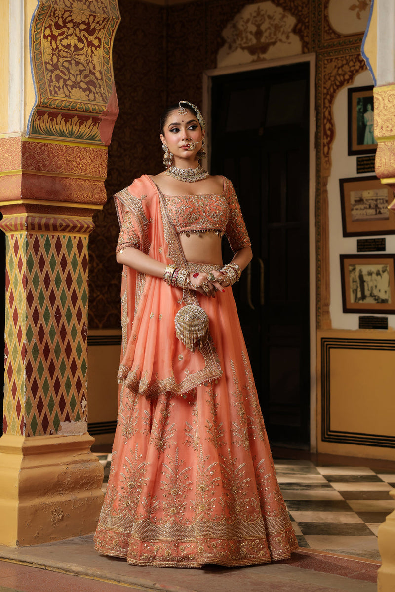 Ahista Peach Zardosi Lehenga Set organza kurta/kurta set by Niti Bothra in peach for women in Singapore