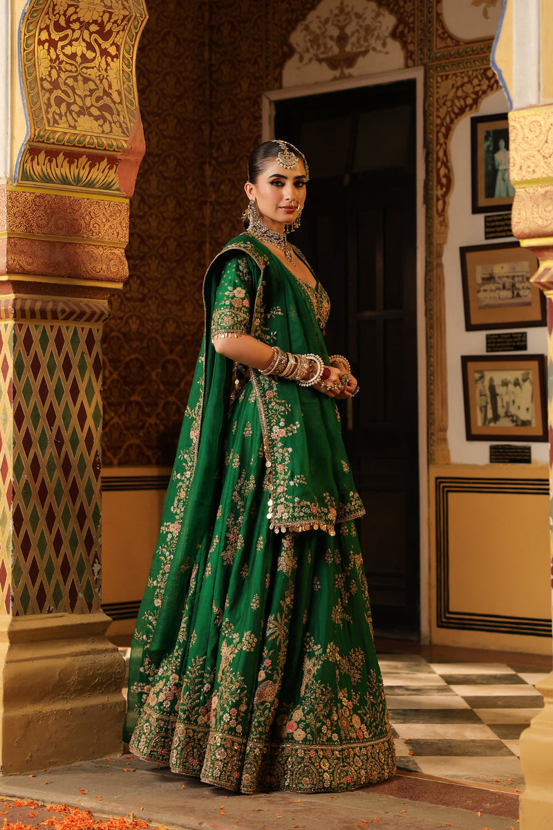 Ahista Green Mayur Applique Lehenga Set chiniya silk & organza lehenga sets by Niti Bothra in green for women in Singapore