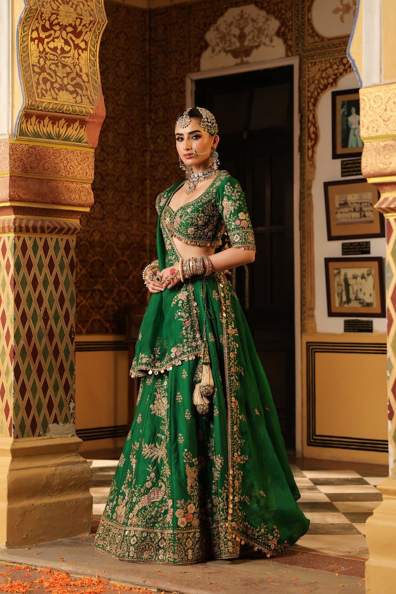 Ahista Green Mayur Applique Lehenga Set chiniya silk & organza lehenga sets by Niti Bothra in green for women in Singapore