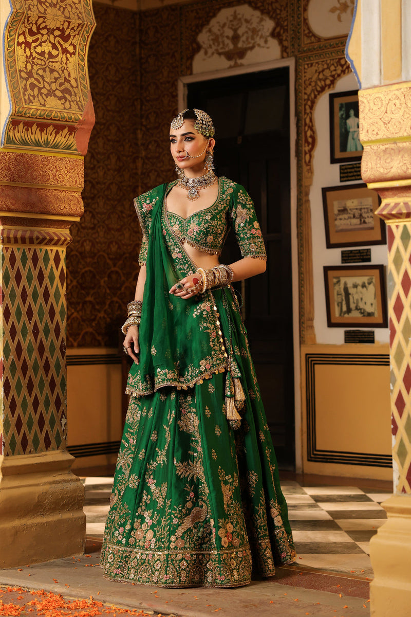 Ahista Green Mayur Applique Lehenga Set chiniya silk & organza lehenga sets by Niti Bothra in green for women in Singapore