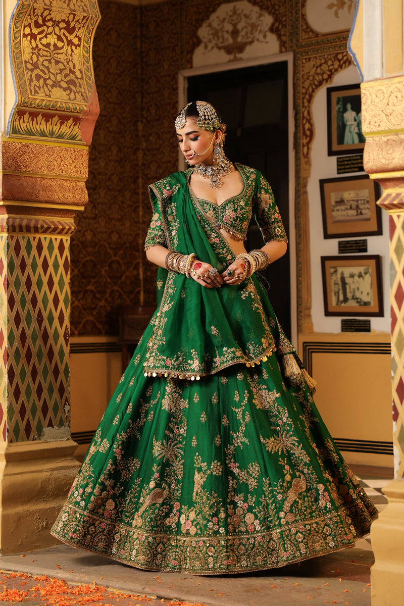 Ahista Green Mayur Applique Lehenga Set chiniya silk & organza lehenga sets by Niti Bothra in green for women in Singapore