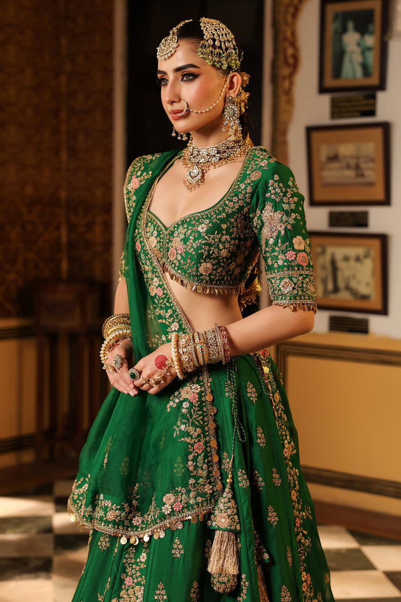 Ahista Green Mayur Applique Lehenga Set chiniya silk & organza lehenga sets by Niti Bothra in green for women in Singapore