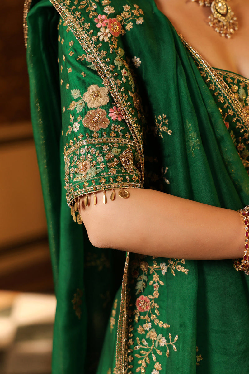 Ahista Green Mayur Applique Lehenga Set chiniya silk & organza lehenga sets by Niti Bothra in green for women in Singapore