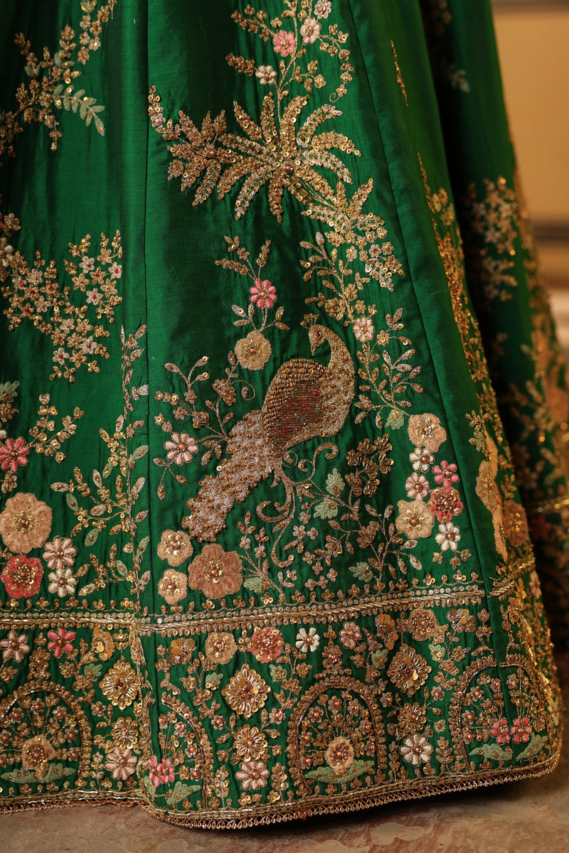Ahista Green Mayur Applique Lehenga Set chiniya silk & organza lehenga sets by Niti Bothra in green for women in Singapore