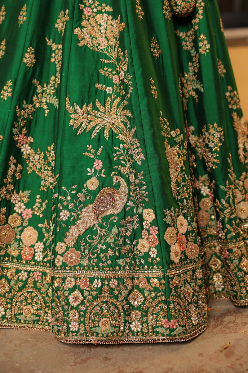 Ahista Green Mayur Applique Lehenga Set chiniya silk & organza lehenga sets by Niti Bothra in green for women in Singapore