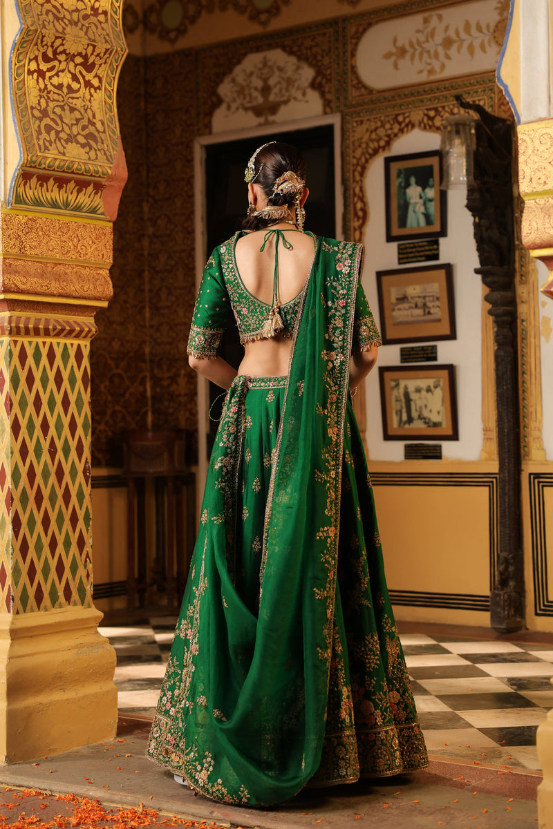 Ahista Green Mayur Applique Lehenga Set chiniya silk & organza lehenga sets by Niti Bothra in green for women in Singapore
