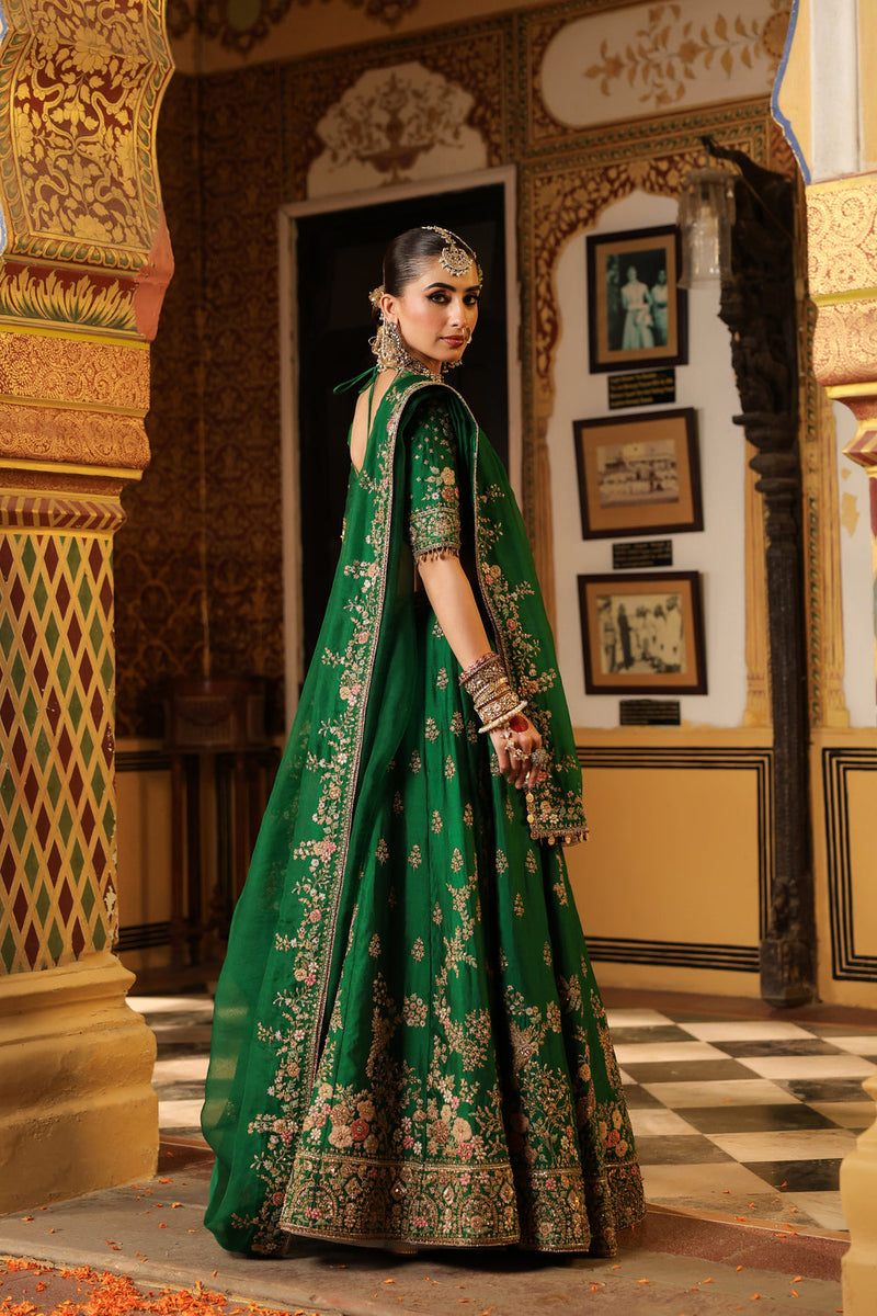 Ahista Green Mayur Applique Lehenga Set chiniya silk & organza lehenga sets by Niti Bothra in green for women in Singapore