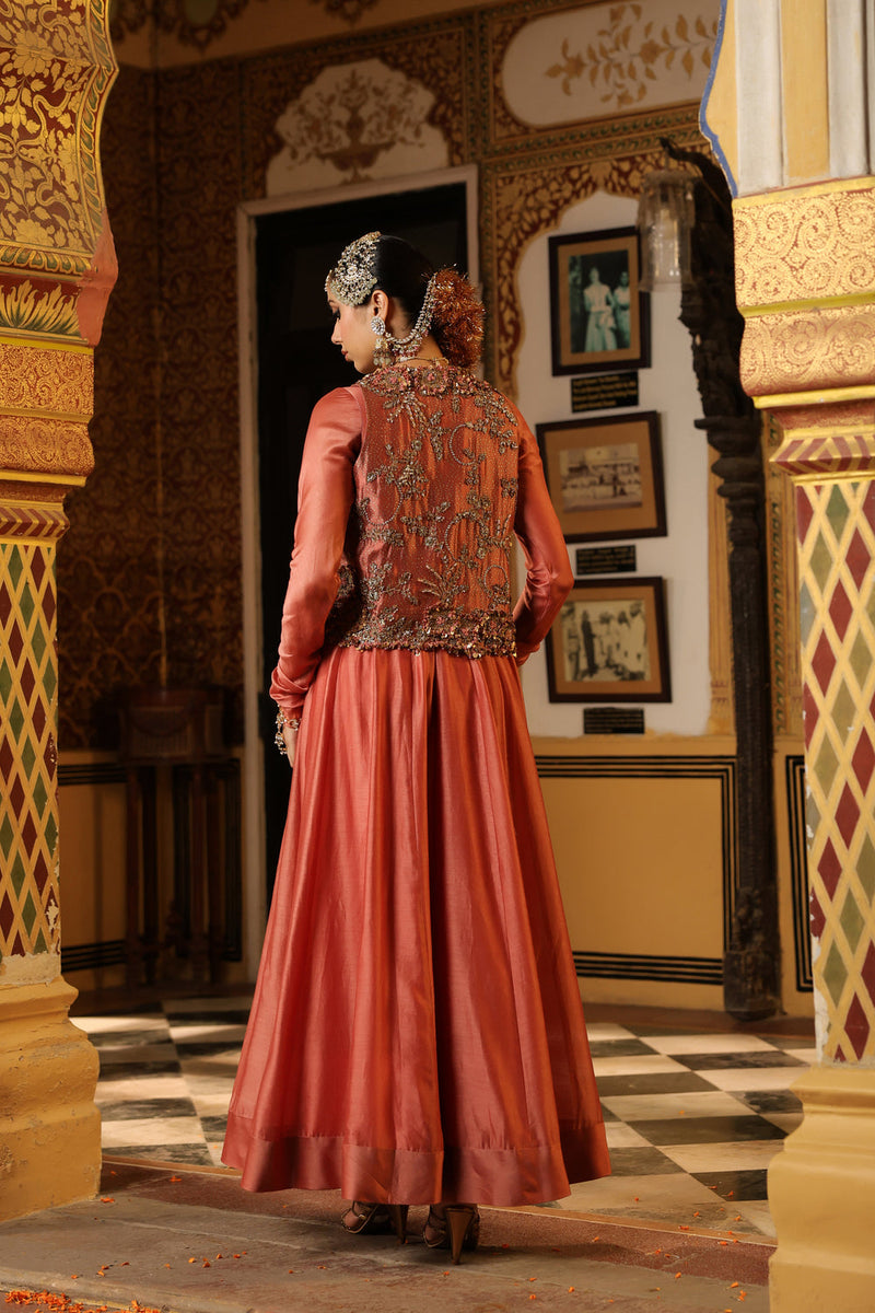 Ahista Rose Pink Jacket Kalidaar Set silk chanderi, organza, tencel kurta/kurta set by Niti Bothra in rose pink for women in Singapore