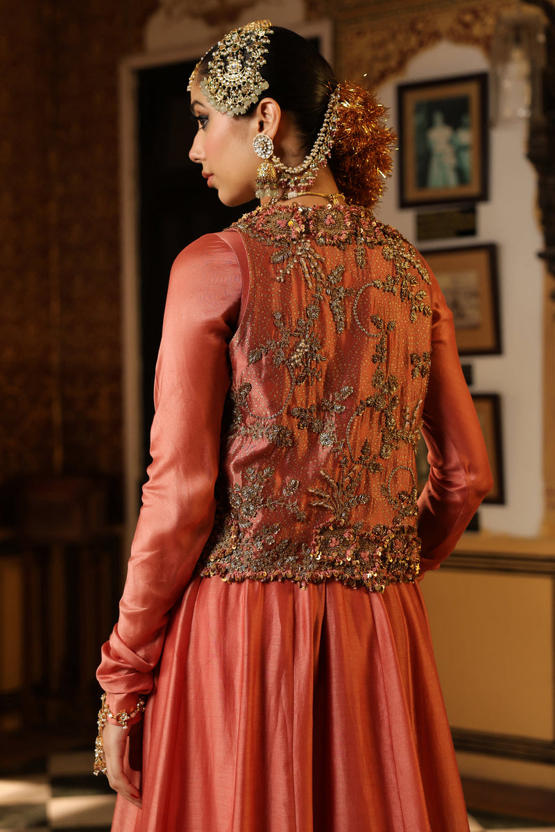 Ahista Rose Pink Jacket Kalidaar Set silk chanderi, organza, tencel kurta/kurta set by Niti Bothra in rose pink for women in Singapore