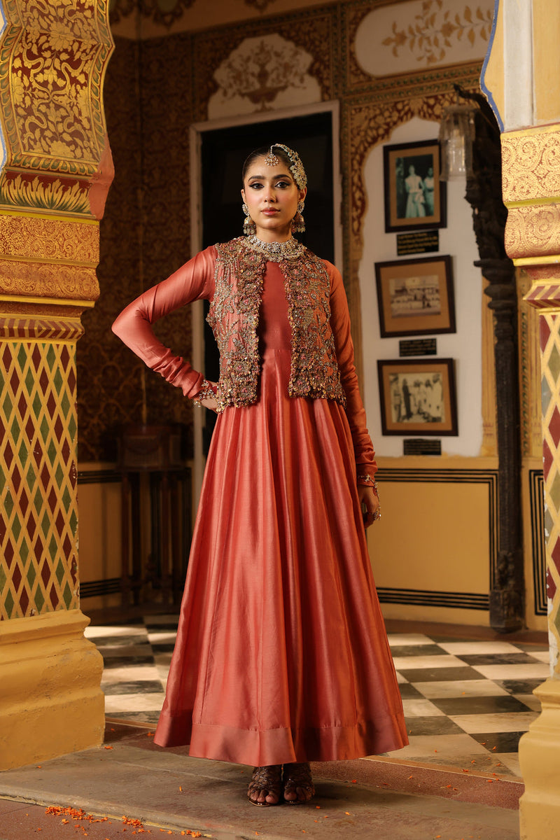 Ahista Rose Pink Jacket Kalidaar Set silk chanderi, organza, tencel kurta/kurta set by Niti Bothra in rose pink for women in Singapore