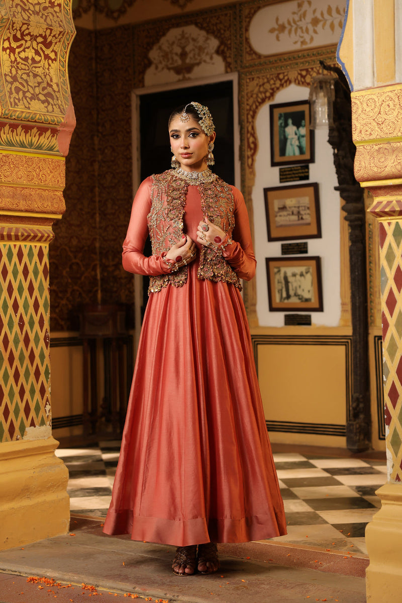 Ahista Rose Pink Jacket Kalidaar Set silk chanderi, organza, tencel kurta/kurta set by Niti Bothra in rose pink for women in Singapore