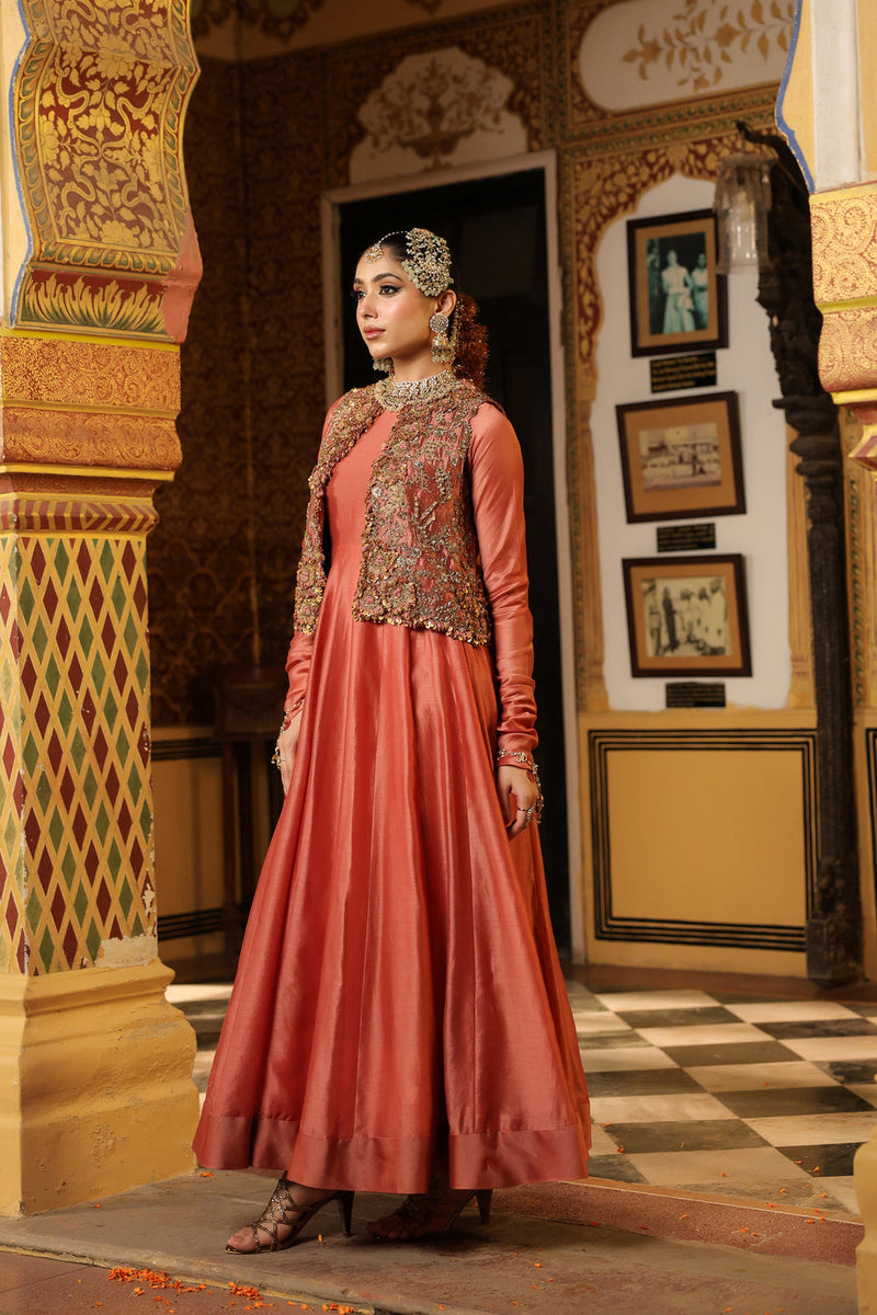 Ahista Rose Pink Jacket Kalidaar Set silk chanderi, organza, tencel kurta/kurta set by Niti Bothra in rose pink for women in Singapore