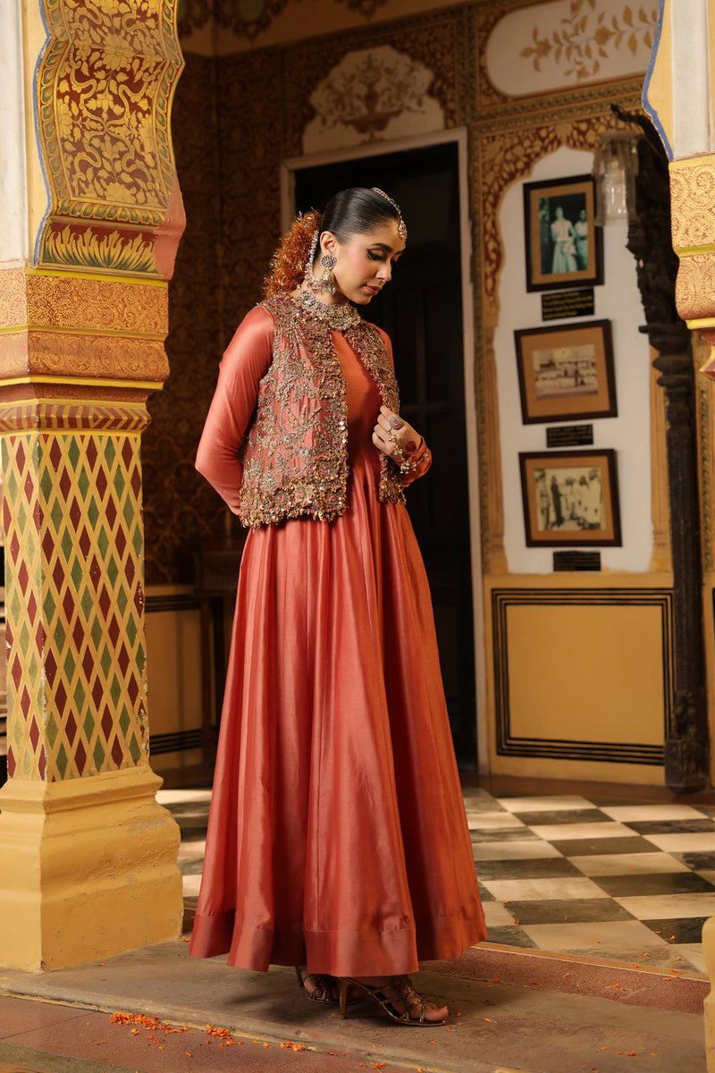 Ahista Rose Pink Jacket Kalidaar Set silk chanderi, organza, tencel kurta/kurta set by Niti Bothra in rose pink for women in Singapore