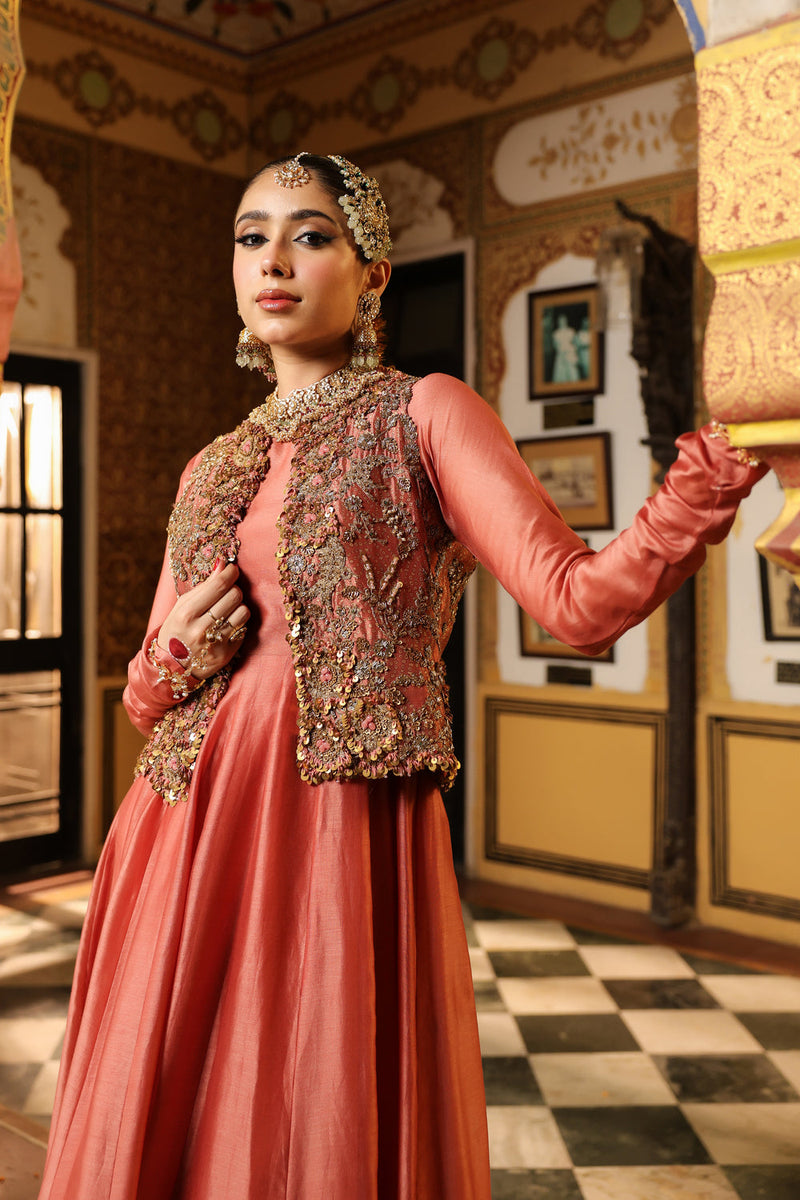 Ahista Rose Pink Jacket Kalidaar Set silk chanderi, organza, tencel kurta/kurta set by Niti Bothra in rose pink for women in Singapore