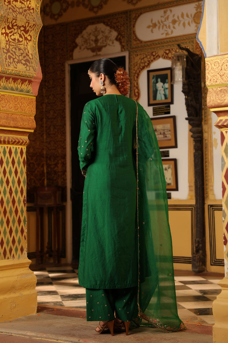 Ahista Green Mayur Applique Long Kurta Set chiniya silk kurta/kurta set by Niti Bothra in green for women in Singapore