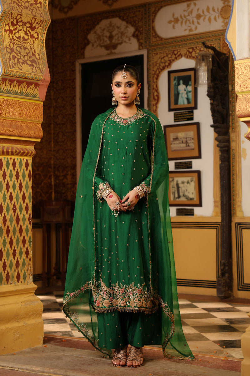 Ahista Green Mayur Applique Long Kurta Set chiniya silk kurta/kurta set by Niti Bothra in green for women in Singapore