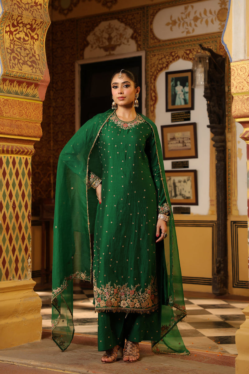 Ahista Green Mayur Applique Long Kurta Set chiniya silk kurta/kurta set by Niti Bothra in green for women in Singapore