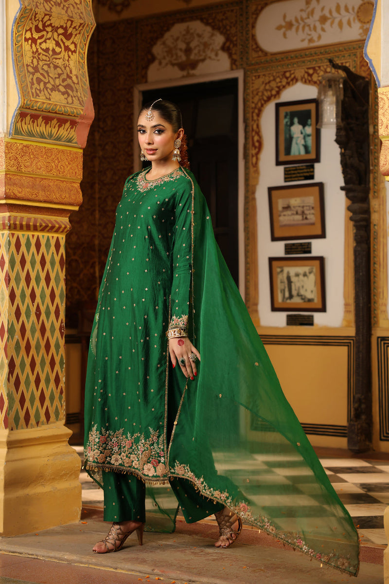 Ahista Green Mayur Applique Long Kurta Set chiniya silk kurta/kurta set by Niti Bothra in green for women in Singapore