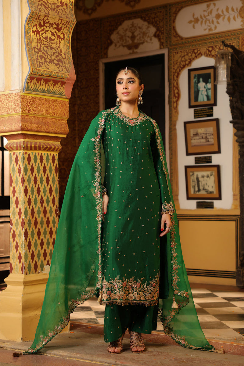 Ahista Green Mayur Applique Long Kurta With Heavy Dupatta chiniya silk kurta/kurta set by Niti Bothra in green for women in Singapore