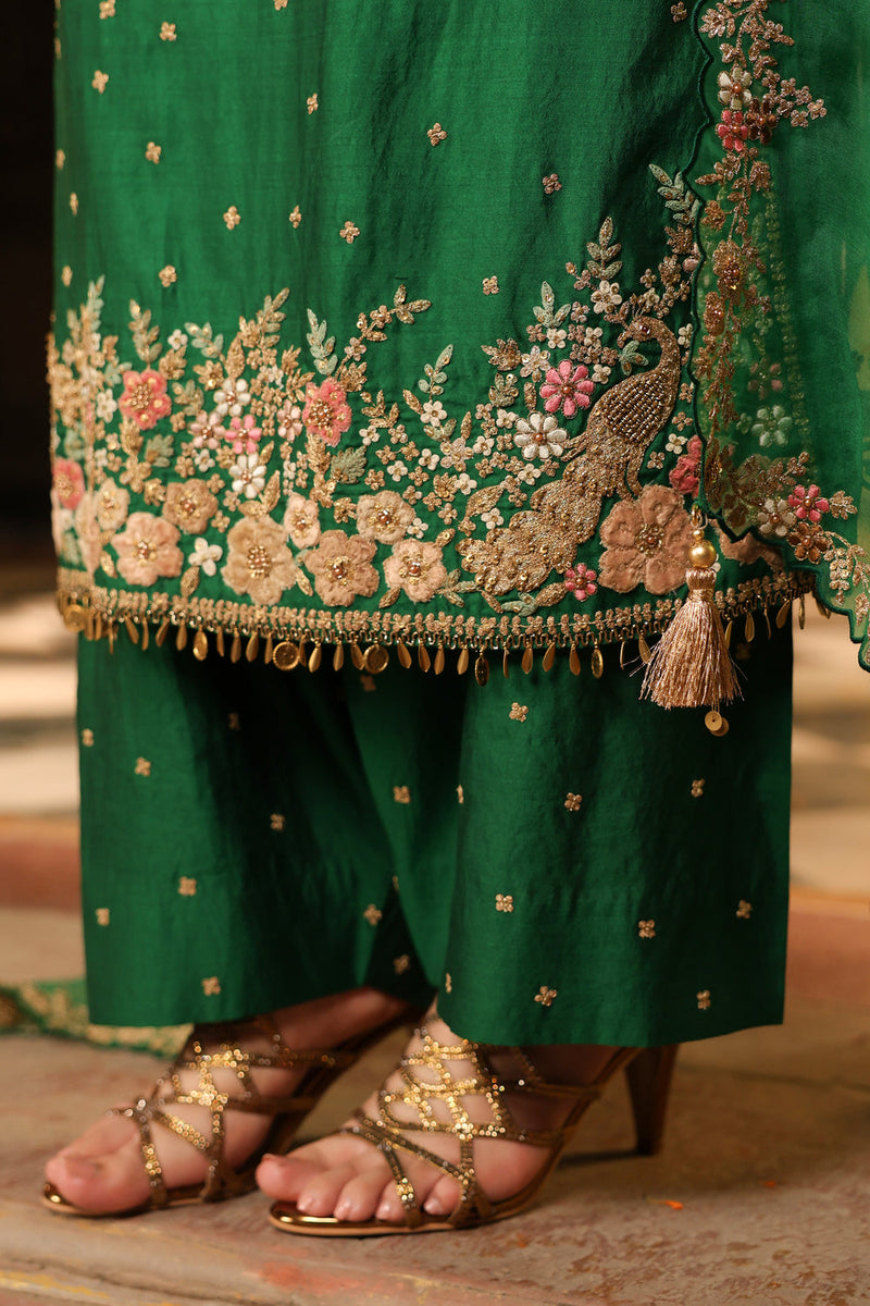 Ahista Green Mayur Applique Long Kurta Set chiniya silk kurta/kurta set by Niti Bothra in green for women in Singapore